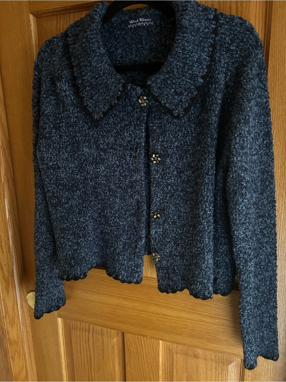 Women's Navy Bouclé Button-Front Cardigan Sweater Sz S M or L see measurements